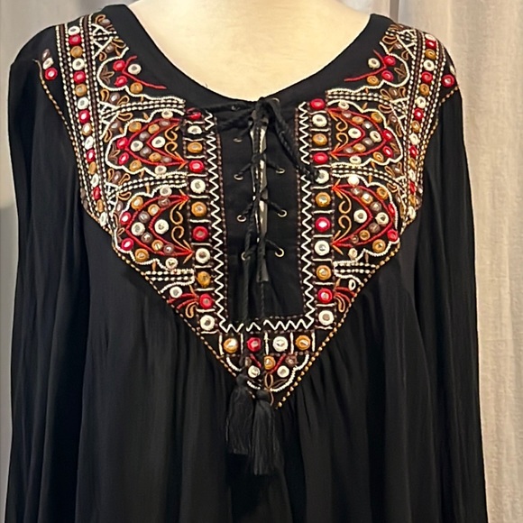 bohemian lace-up/embroidered yoke with mirror/sequin long sleeve/ruffle top-NWT - Picture 2 of 10